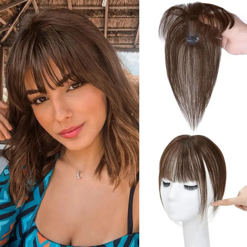 High quality Real hair🏆3D French Bangs Wig Piece 100% Real Human Hair Topper for Women Natural Brown Color Enhance Your Look