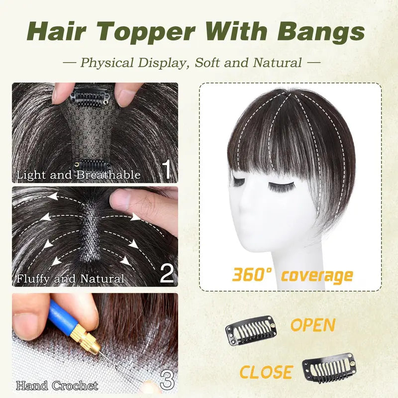 High quality Real hair🏆3D French Bangs Wig Piece 100% Real Human Hair Topper for Women Natural Brown Color Enhance Your Look