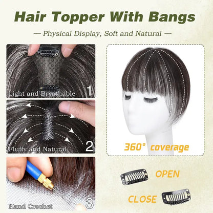 High quality Real hair🏆3D French Bangs Wig Piece 100% Real Human Hair Topper for Women Natural Brown Color Enhance Your Look