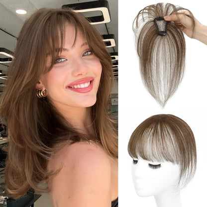 High quality Real hair🏆3D French Bangs Wig Piece 100% Real Human Hair Topper for Women Natural Brown Color Enhance Your Look